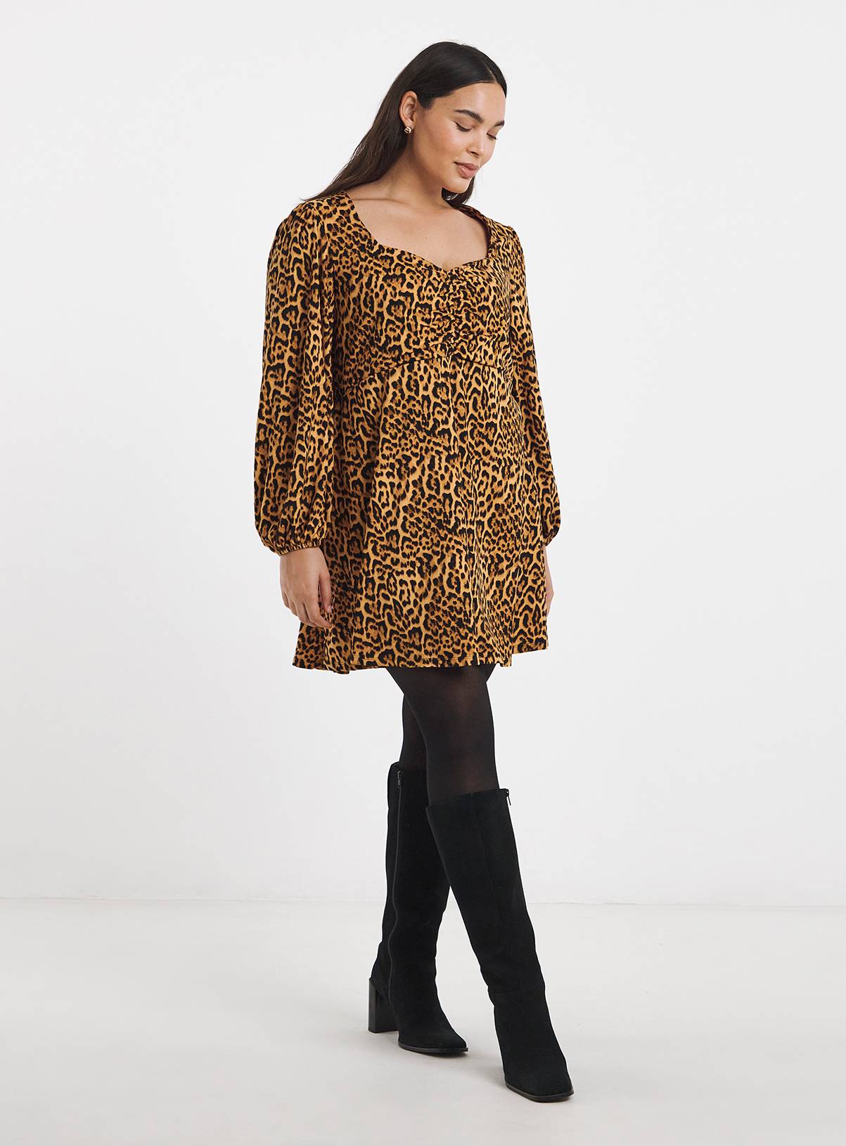 SIMPLY BE Supersoft Sweetheart Neck Leopard Print Skater Dress 10 - Image 3
